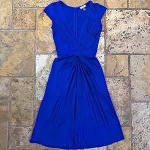 ISSA London Plunging V-Neck Dress Cobalt Blue Gathered Silk Jersey Size US 2